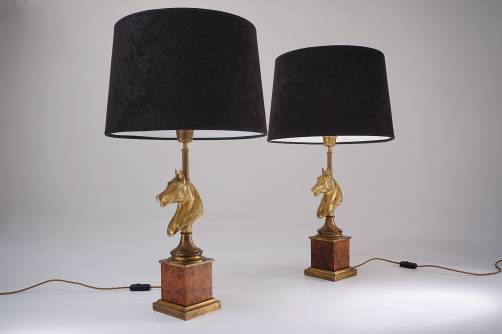Maison Charles horse lamps pair brass & burl walnut, 1970`s ca, French